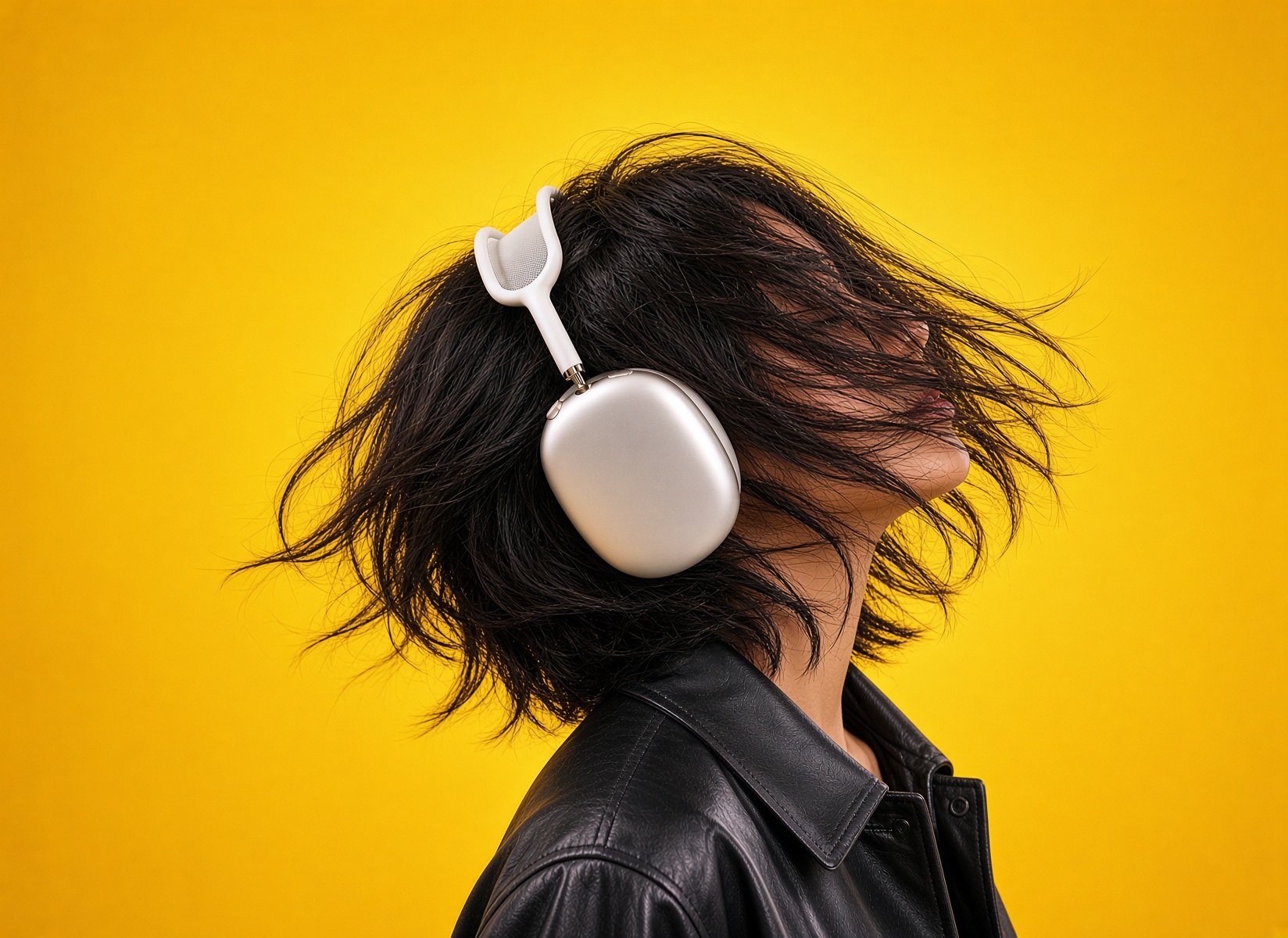 A person in profile with windblown black hair, silver over-ear headphones, and a black leather jacket against a bright yellow background.